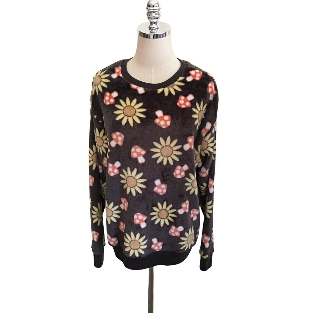 Cold Crush Size Medium Gray Sweatshirt Long Sleeve Floral Mushrooms Soft Fleece